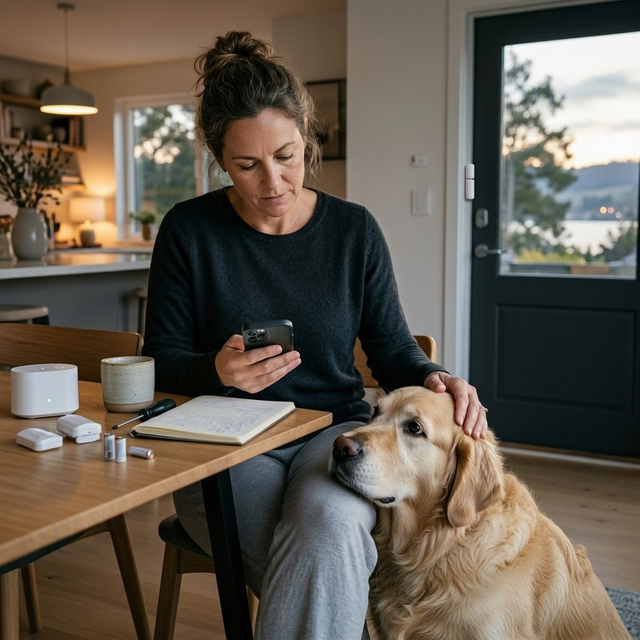 Une femme consulte son téléphone près d’une alarme maison, tandis qu’un chien repose contre ses jambes