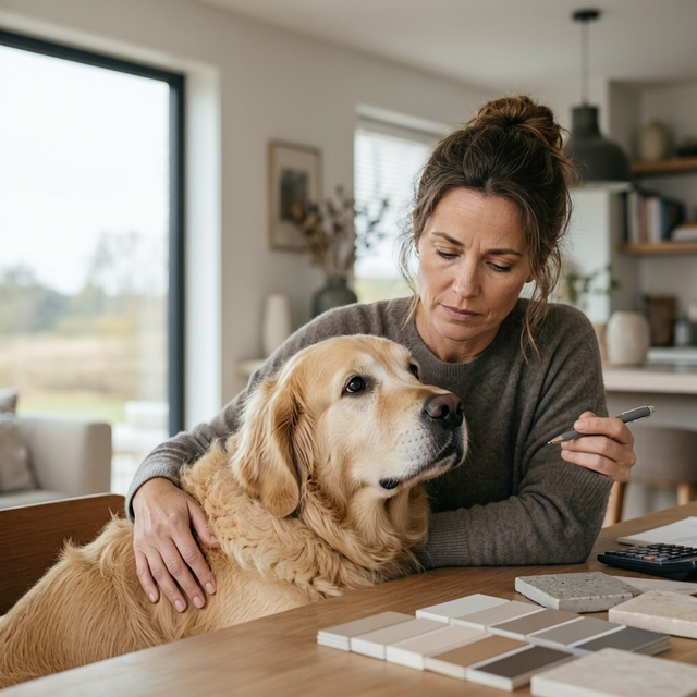 Une femme tient un stylo près de son chien, avec une calculatrice et des échantillons de rénovation sur la table